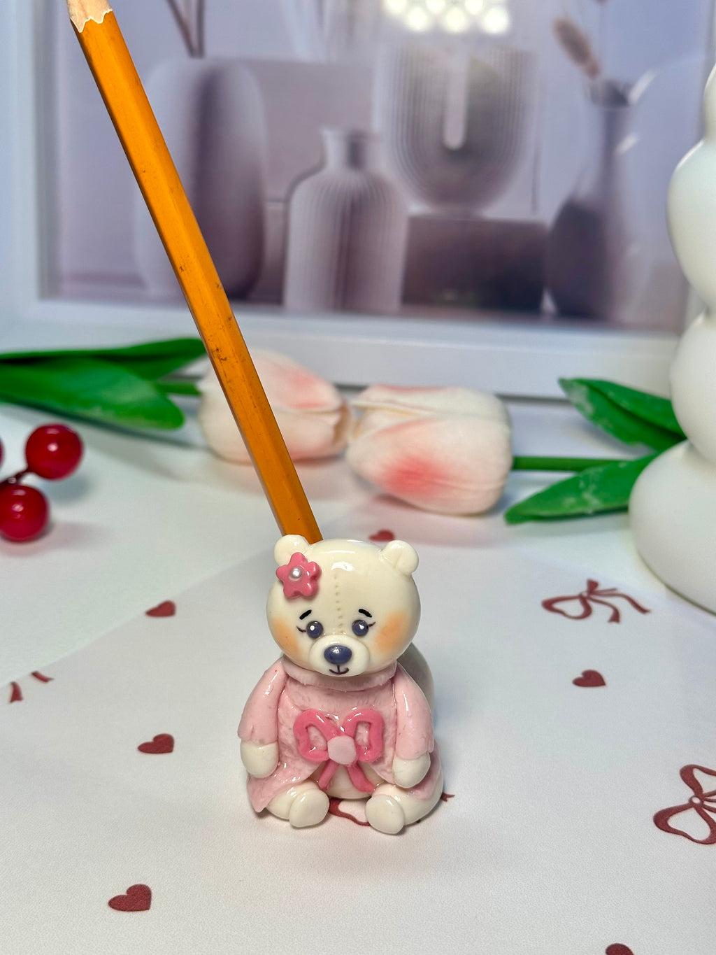 Cute Teddy Bear Pencil Holder - Mochi the Polar Bear | Handmade Desk buddy / Desk Accessory 🧸✏️