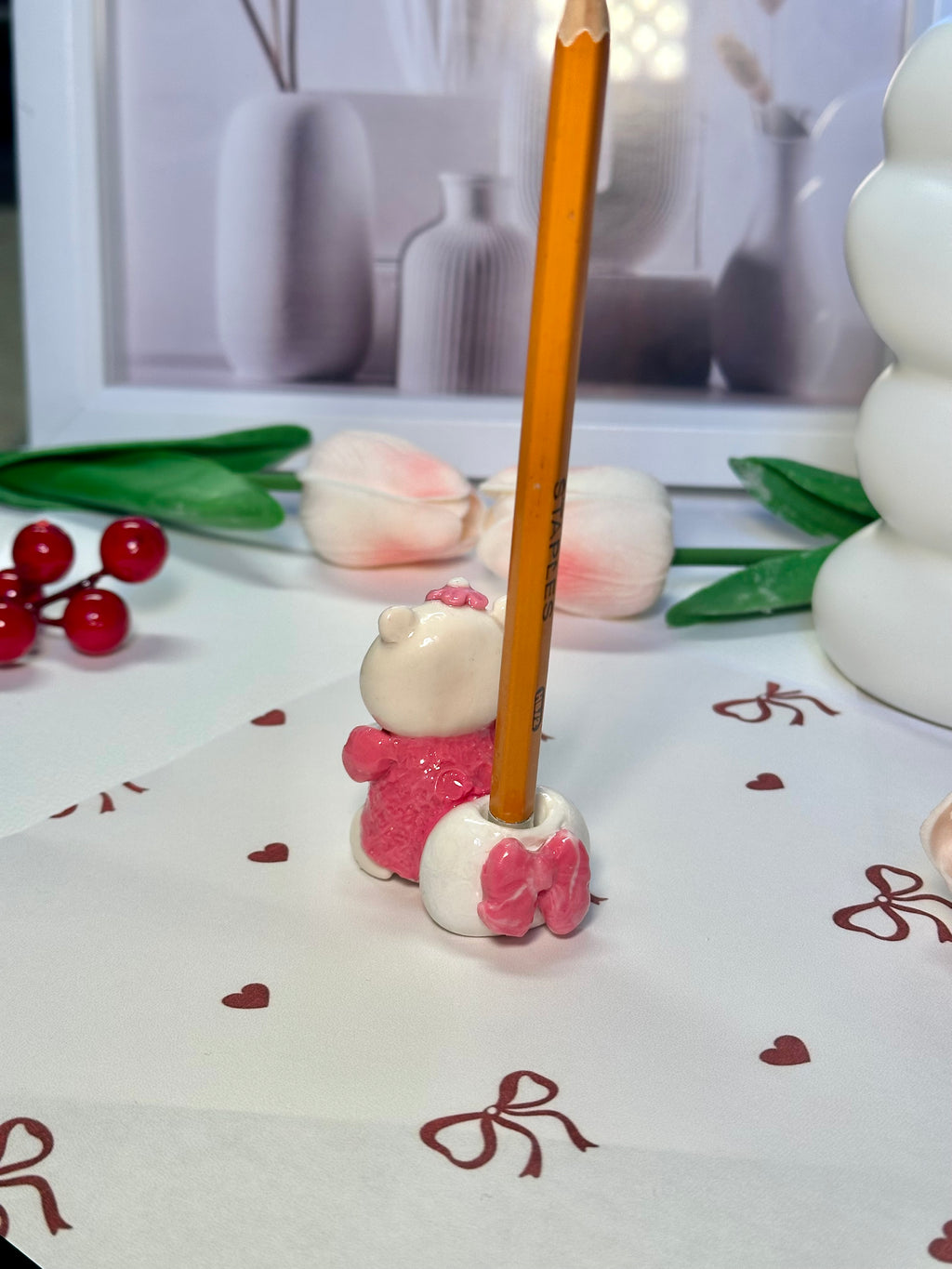 Cute Teddy Bear Pencil Holder - Berry the Polar Bear| Handmade Desk buddy / Desk Accessory 🧸✏️